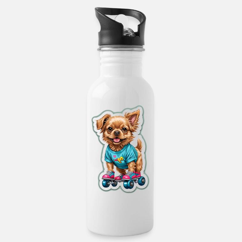 Hündchen auf Rollschuhen - Trinkflasche mit integriertem Trinkhalm - Weiß