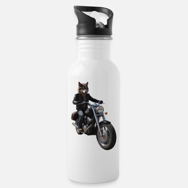 Biker Wolf - Water bottle with straw - white