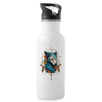 Stylized wolf with bright blue and gold fur - Water bottle with straw - white - Right