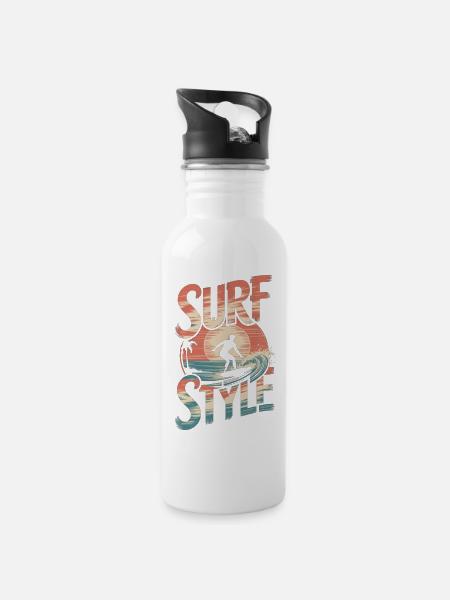 Surf-Style und Vintage-Sonne - Trinkflasche mit integriertem Trinkhalm - Weiß