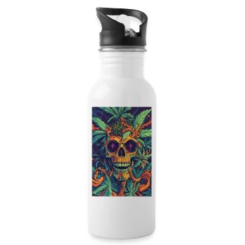 Schädel mit Hanfblättern und Flammen - Trinkflasche mit integriertem Trinkhalm - Weiß - Rechts