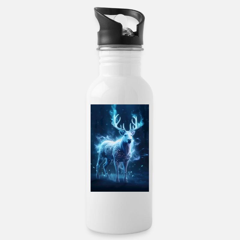 Das leuchtende Geweih – Wächter des Winterwaldes - Trinkflasche mit integriertem Trinkhalm - Weiß