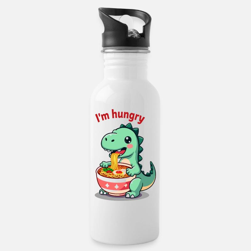 Dinosaurier essen Ramen Cartoon Design - Trinkflasche mit integriertem Trinkhalm - Weiß