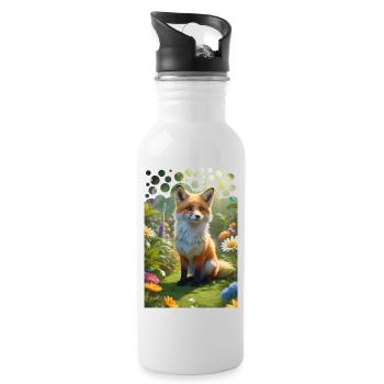 Frecher süßer Fuchs auf einer Wiese mit Blumen - Trinkflasche mit integriertem Trinkhalm - Weiß - Rechts