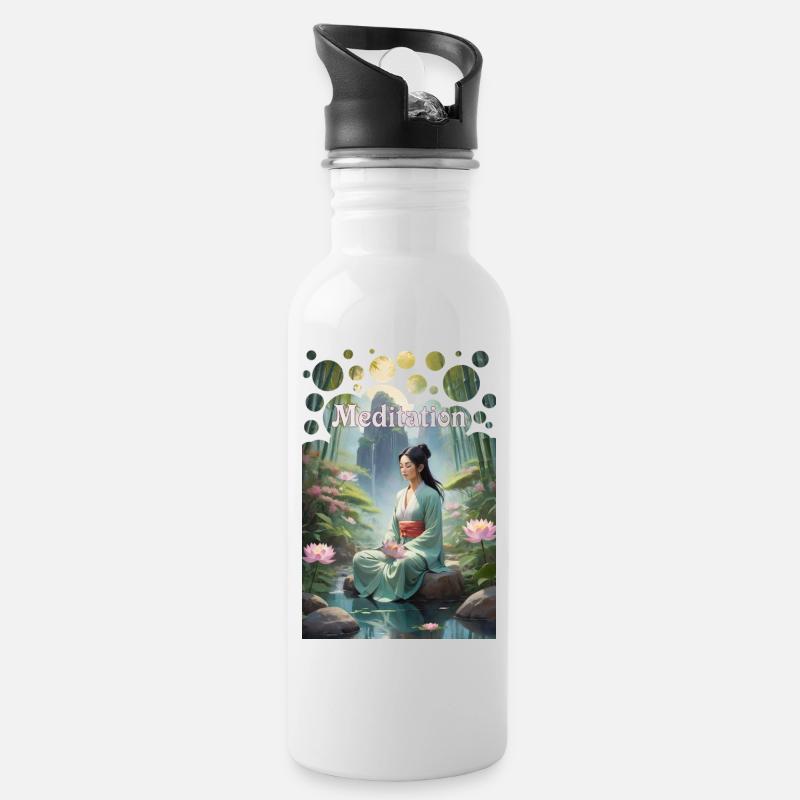Méditation Beauté Asiatique Lotus Bambou Forêt - Gourde avec paille intégrée - blanc