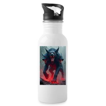 Cerberus, dreiköpfiger schwarzer Hund, leuchtende Augen - Trinkflasche mit integriertem Trinkhalm - Weiß - Rechts