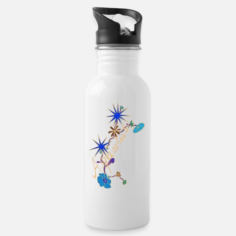 Aquarius – Magische Sternzeichen und Blumen - Trinkflasche mit integriertem Trinkhalm - Weiß