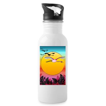 Fliegende Flamingos im Sonnenuntergang - Trinkflasche mit integriertem Trinkhalm - Weiß - Rechts