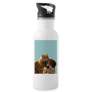 Katze und Hund Freundschaft - Trinkflasche mit integriertem Trinkhalm - Weiß - Rechts