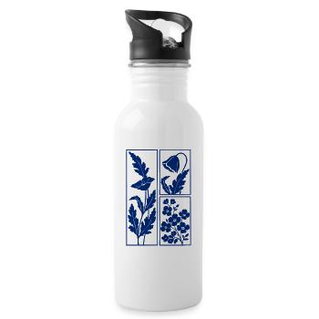 Blue minimalist flowers trendy vintage look - Water bottle with straw - white - Right