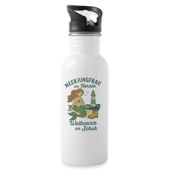 Meerjungfrau im Herzen - Wattwurm im Schuh - Trinkflasche mit integriertem Trinkhalm - Weiß - Rechts