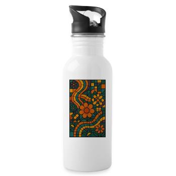 Retro Blumen Mosaik Design – Buntes Vintage 70er - Trinkflasche mit integriertem Trinkhalm - Weiß - Rechts