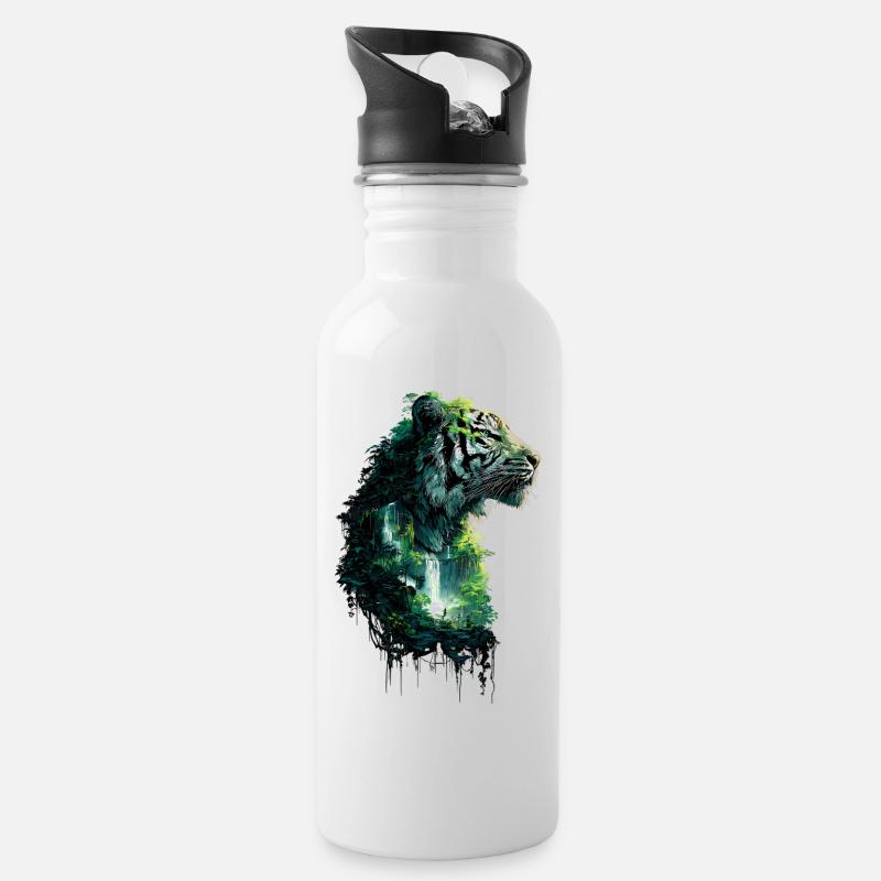 Dschungel Tiger Doppelbelichtung Wildlife Design - Trinkflasche mit integriertem Trinkhalm - Weiß
