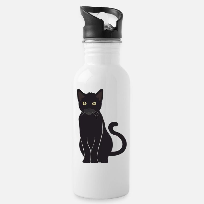 Schwarze Katze Glücksbringer wachsamer Blick - Trinkflasche mit integriertem Trinkhalm - Weiß