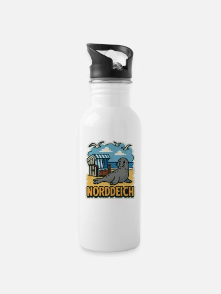 Norddeich - Trinkflasche mit integriertem Trinkhalm - Weiß