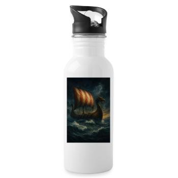 Wikinger-Schiff im Sturm - Trinkflasche mit integriertem Trinkhalm - Weiß - Rechts