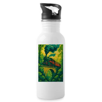 Railway, Steam Locomotive, Train, Forest, Bridge - Water bottle with straw - white - Right