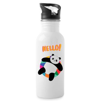 Chilliger Panda sagt Hallo - Geschenkidee - Trinkflasche mit integriertem Trinkhalm - Weiß - Rechts