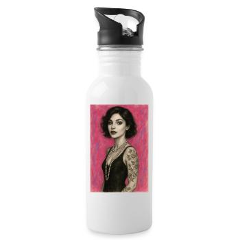 Woman Necklace Pearls Pink Elegant Omikly Pop Art - Water bottle with straw - white - Right