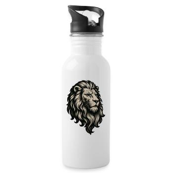 Heraldic Lion Head Vintage Linocut Style - Water bottle with straw - white - Right