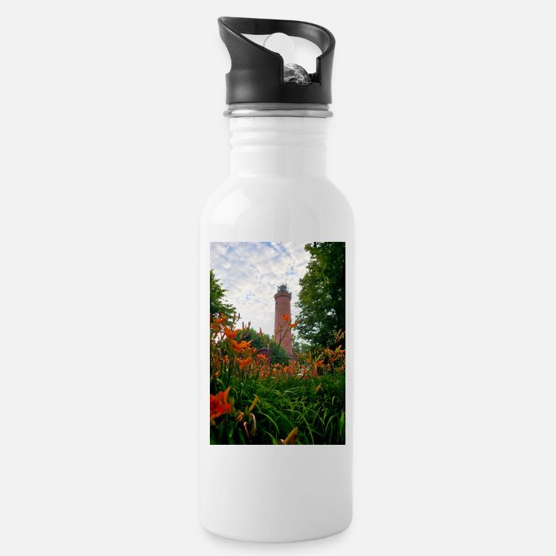 Gąski lighthouse, lighthouse, flowers - Water bottle with straw - white