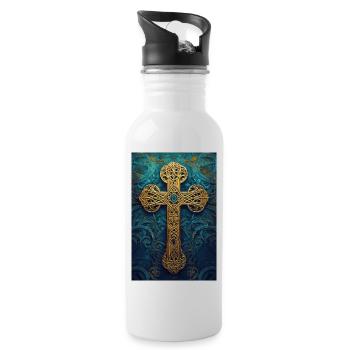 Croix celtique dorée ornée - Gourde avec paille intégrée - blanc - Droite