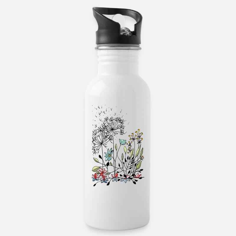 Blumen - Trinkflasche mit integriertem Trinkhalm - Weiß