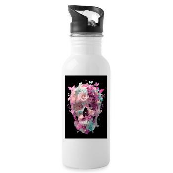 Blumenschädel mit Schmetterlingen - Trinkflasche mit integriertem Trinkhalm - Weiß - Rechts