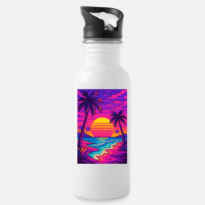 Retro-80er-Neon-Strand-Synthwave-Art - Trinkflasche mit integriertem Trinkhalm - Weiß