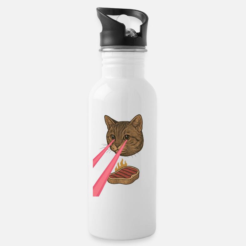 Laser Katze - Trinkflasche mit integriertem Trinkhalm - Weiß