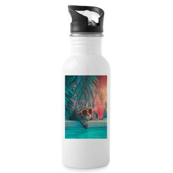Coole Katze am Pool - Trinkflasche mit integriertem Trinkhalm - Weiß - Rechts