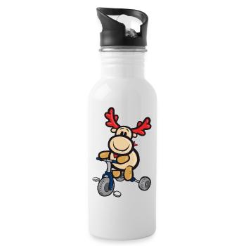 Lachendes Comic-Rentier fährt Dreirad - Trinkflasche mit integriertem Trinkhalm - Weiß - Rechts