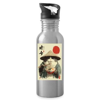 Samurai Cat Eating Ramen - Water bottle with straw - silver - Right