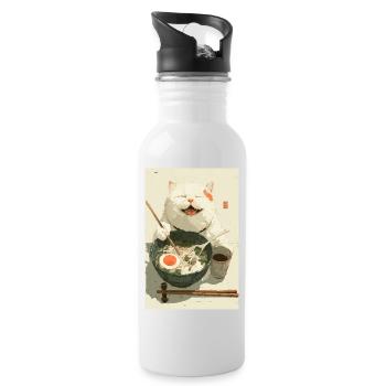 Happy White Cat Eating Ramen - Water bottle with straw - white - Right