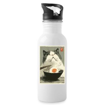 Cat Staring at Ramen Bowl - Water bottle with straw - white - Right