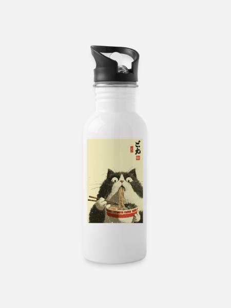 Überraschte Katze, die Ramen isst - Trinkflasche mit integriertem Trinkhalm - Weiß