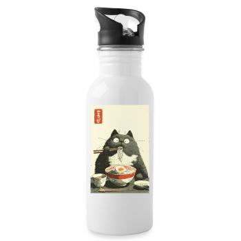 Wide-Eyed Cat Slurping Ramen - Water bottle with straw - white - Right