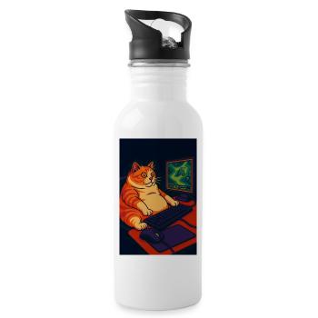 Chubby Gaming Cat with Retro Pixel Art - Water bottle with straw - white - Right