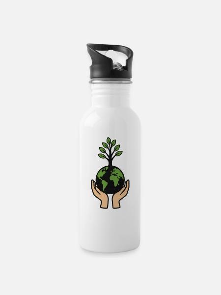 Weltbaum in Herzform - Trinkflasche mit integriertem Trinkhalm - Weiß