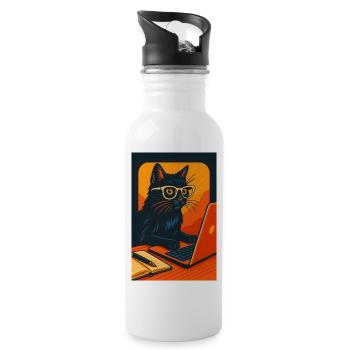 Tech-Savvy Cat with Glasses, love Cats  - Water bottle with straw - white - Right