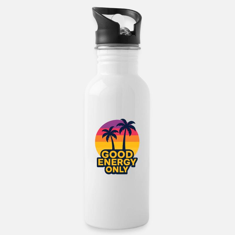 Sonnige Palmen mit Gute Energie Botschaft - Trinkflasche mit integriertem Trinkhalm - Weiß