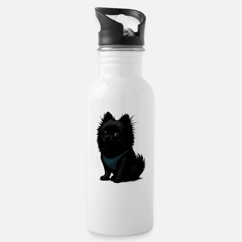 Schwarzer Spitz Hund mit blauer Weste - Trinkflasche mit integriertem Trinkhalm - Weiß