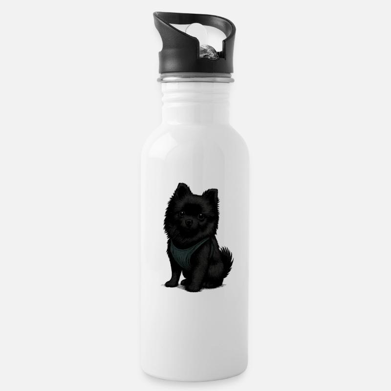 Schwarzer Spitz Hund mit Süssenblick - Trinkflasche mit integriertem Trinkhalm - Weiß