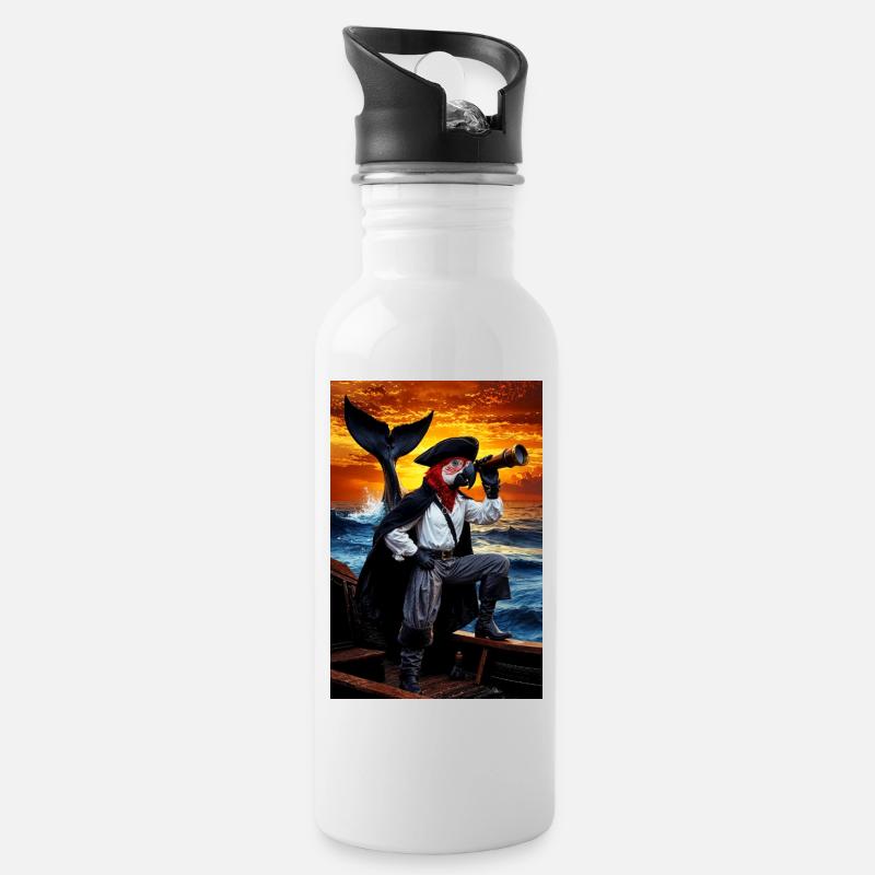 Pirat Humanoider Papagei - Trinkflasche mit integriertem Trinkhalm - Weiß
