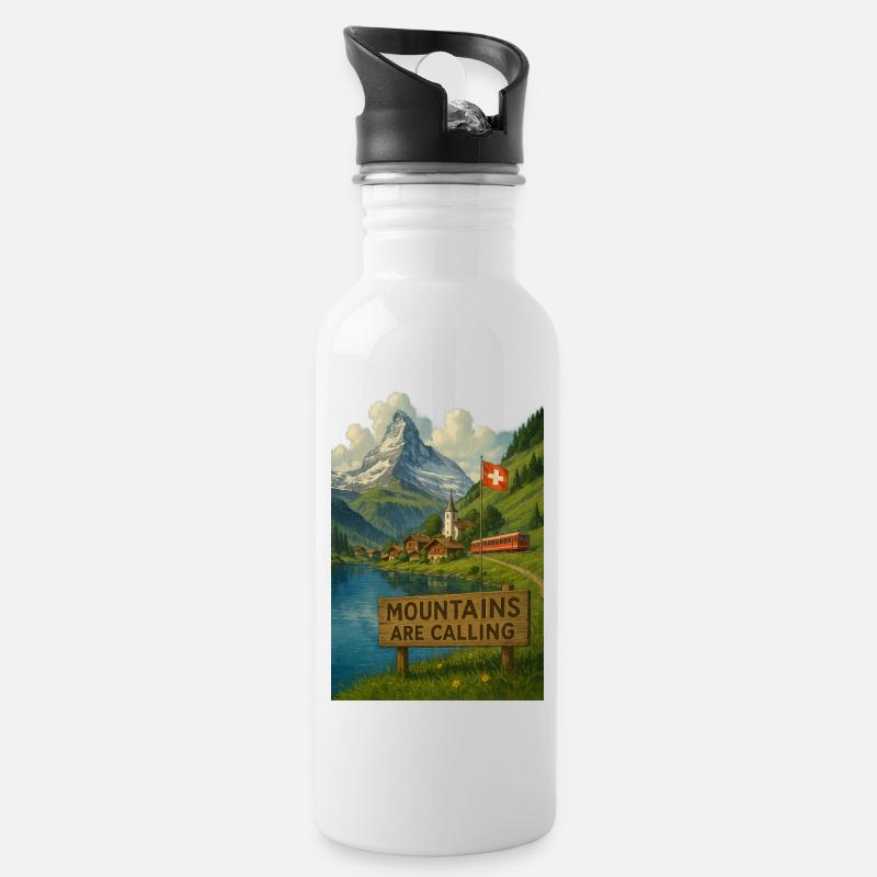 Swiss_alps - Trinkflasche mit integriertem Trinkhalm - Weiß
