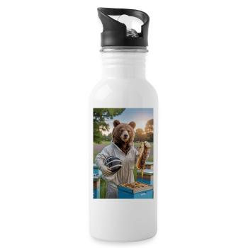 Humanoid Beekeeper Bear with Honeycomb and Bees - Water bottle with straw - white - Right