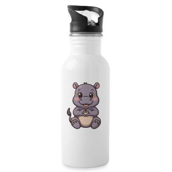 Cute hippopotamus with heart hands - Water bottle with straw - white - Right