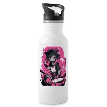 Cat Drummer Neon Pink - Water bottle with straw - white - Right