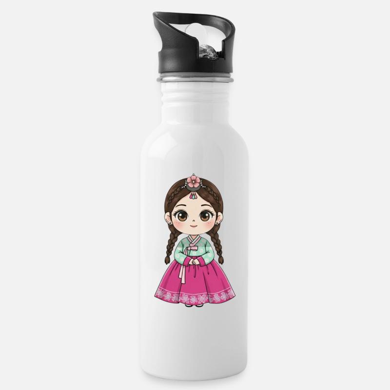 Chibi Hanbok Süßigkeiten-Traum Chaewon - Trinkflasche mit integriertem Trinkhalm - Weiß