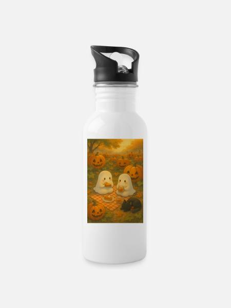 Herbst Picknick mit Geistern - Trinkflasche mit integriertem Trinkhalm - Weiß